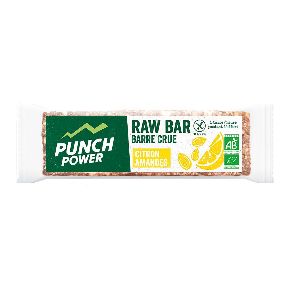Barre crue emballée. Inscription: RAW BAR, Barre crue, Citron Amandes. Logo: PUNCH POWER. Avec citron et amandes.