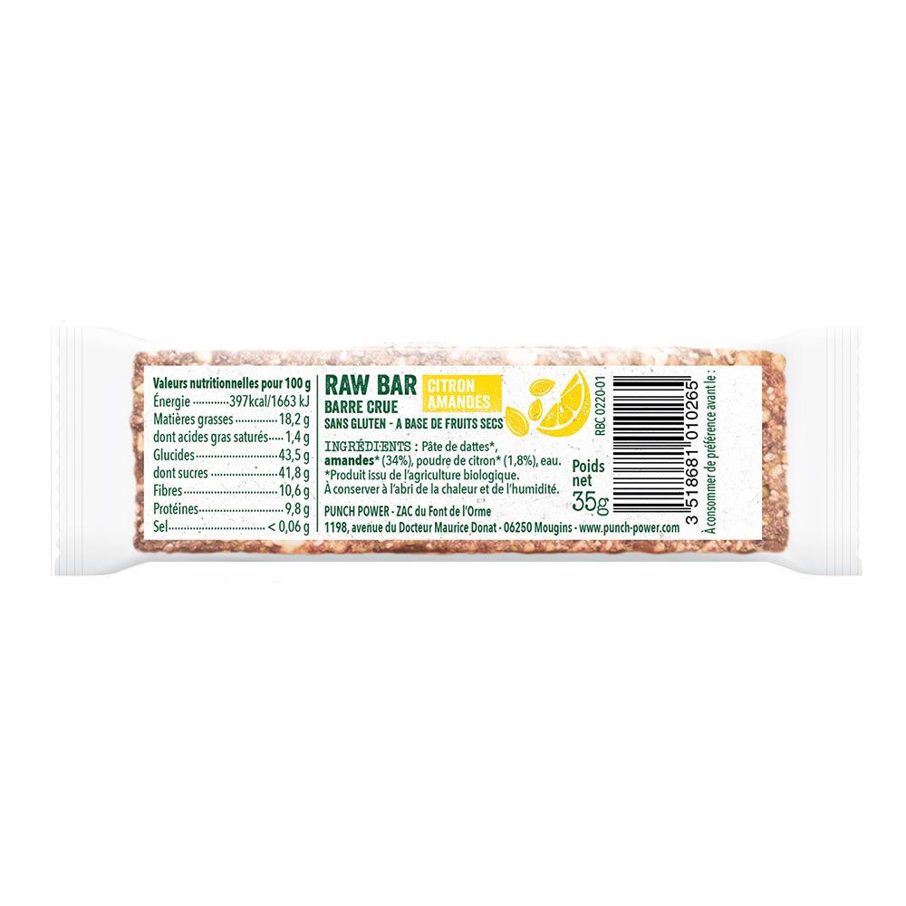 Dos de la barre crue emballée. Inscription: RAW BAR, Barre crue, Citron Amandes. Informations nutritionnelles. Poids: 35g. Avec code-barres.