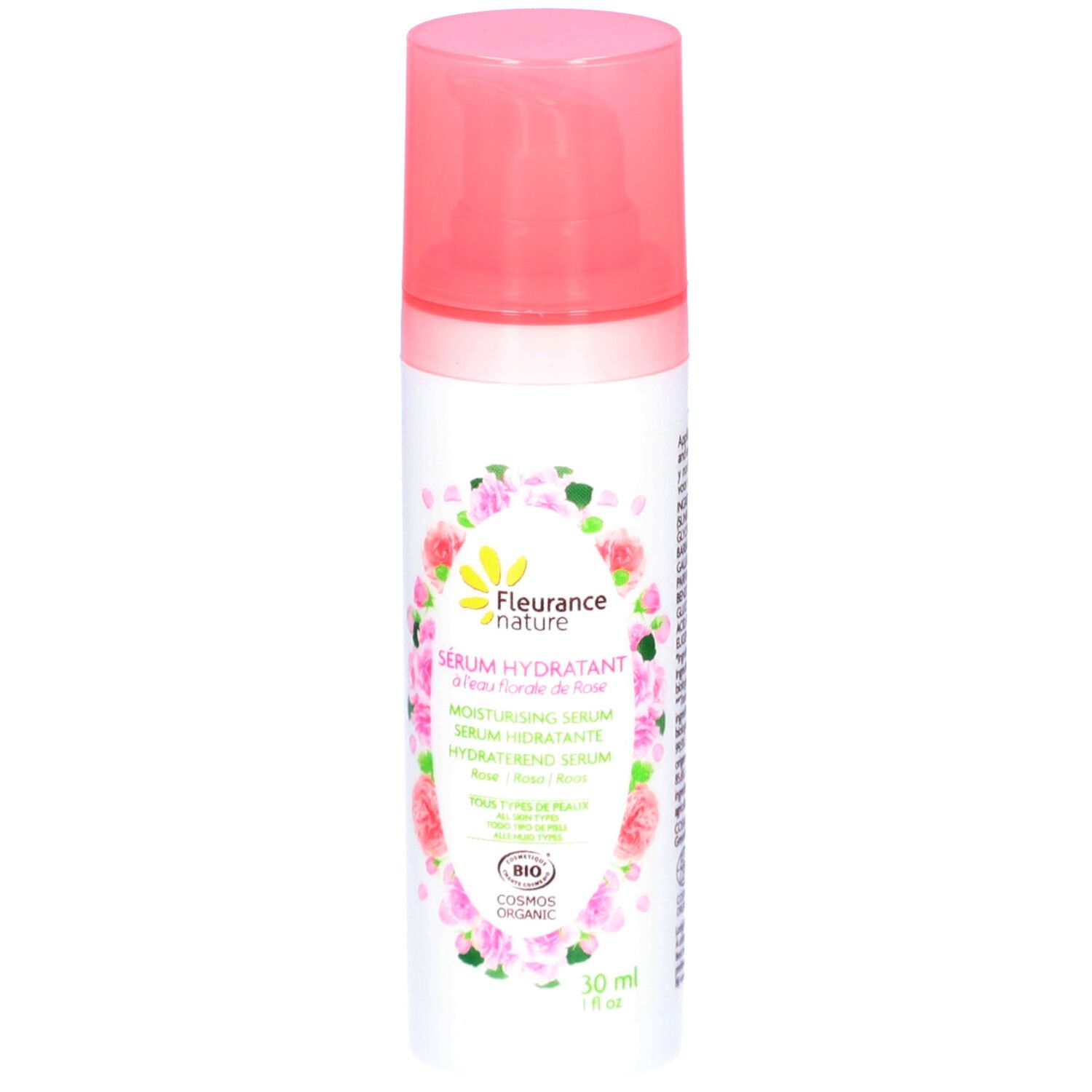 Flacon blanc avec bouchon rose. Inscription: Sérum hydratant. Certification bio. 30 ml.