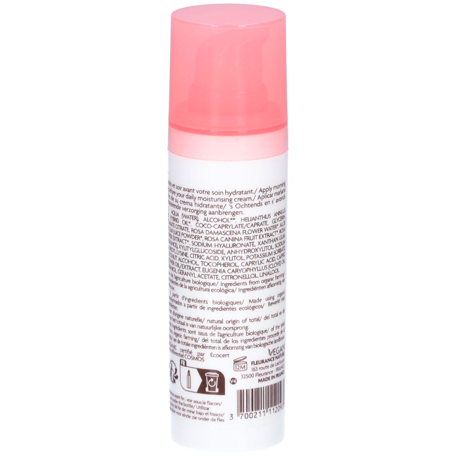 Flacon blanc avec bouchon rose. Dos avec ingrédients et texte. Logo végan.