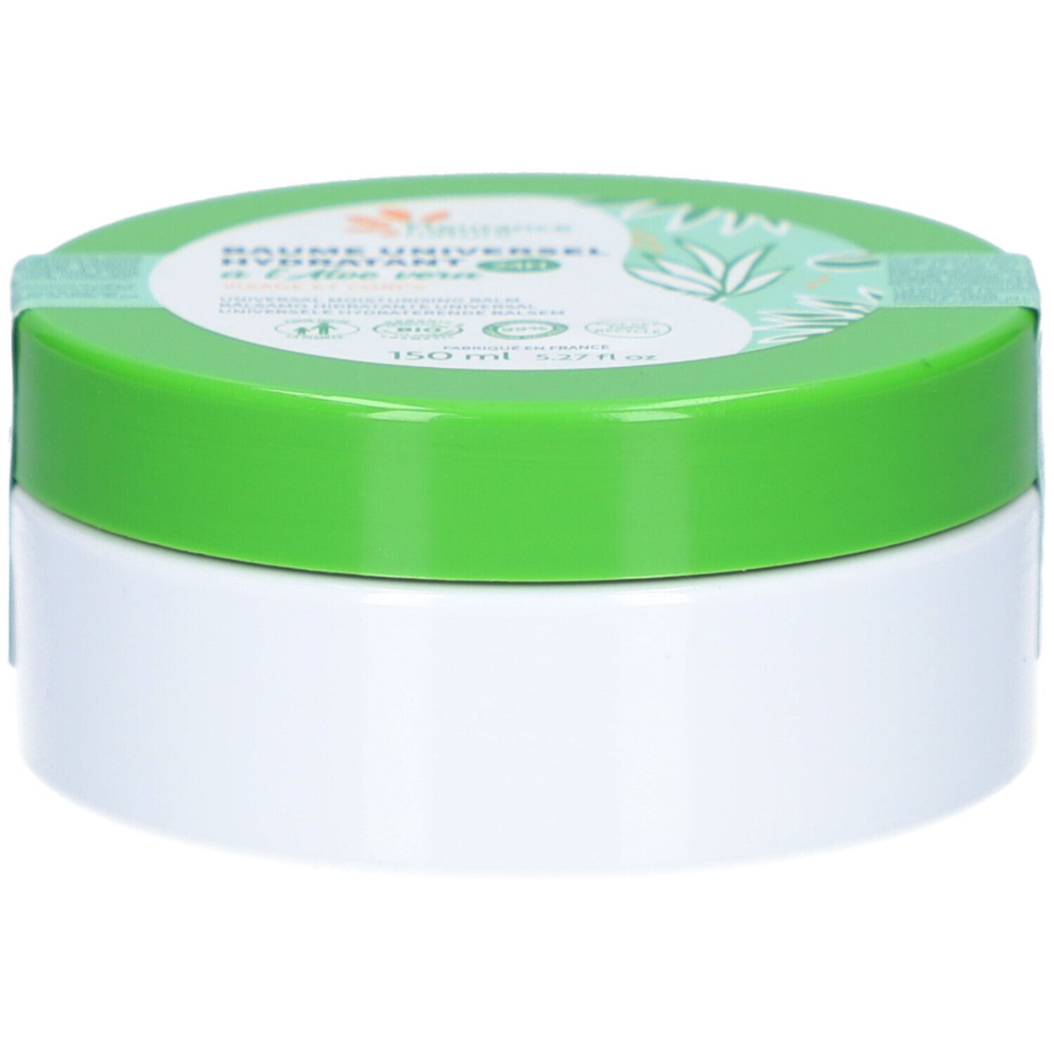 Pot rond blanc avec couvercle vert. Inscriptions sur le couvercle et bande verte.