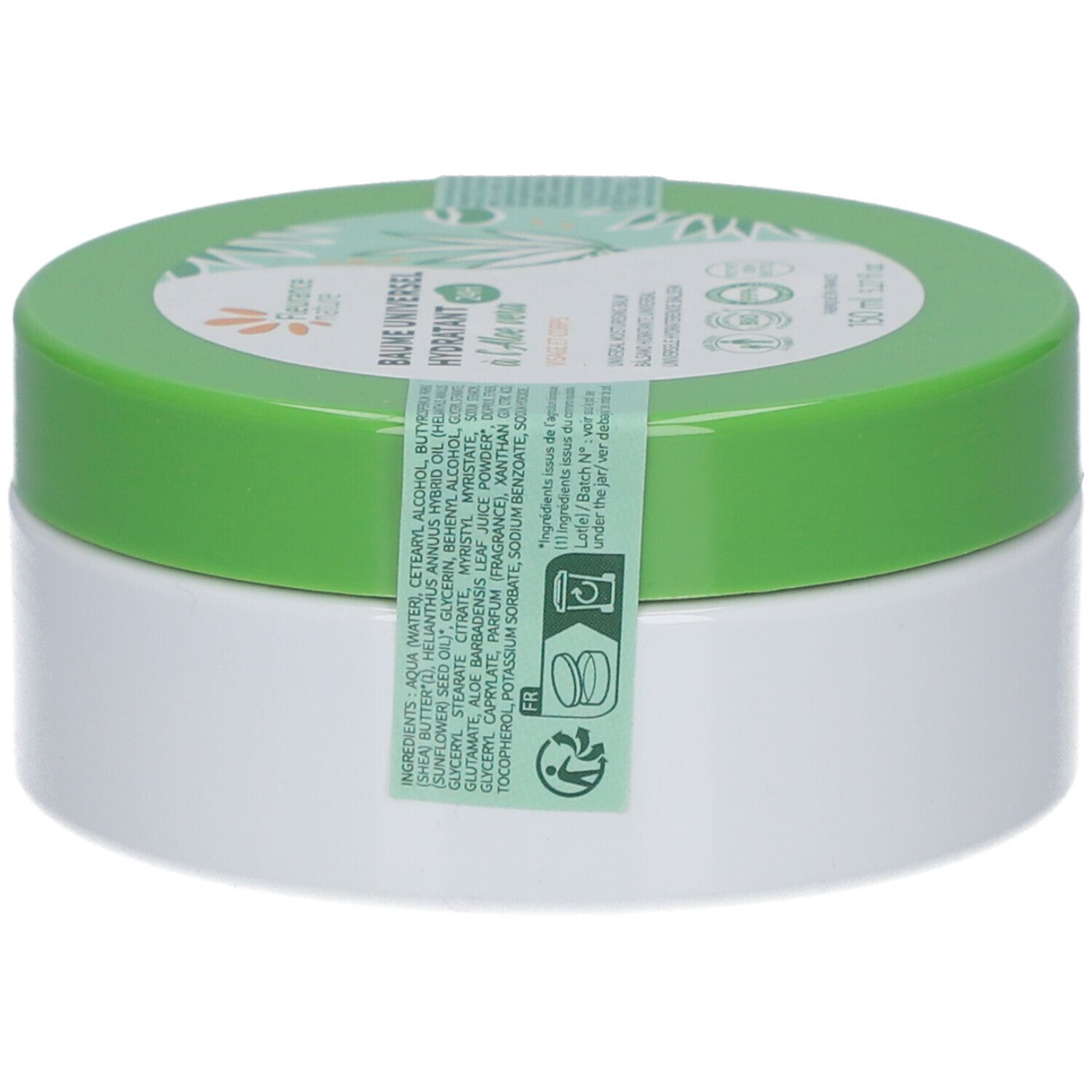 Pot blanc avec couvercle vert. Inscriptions sur le couvercle et bande verte avec ingrédients.