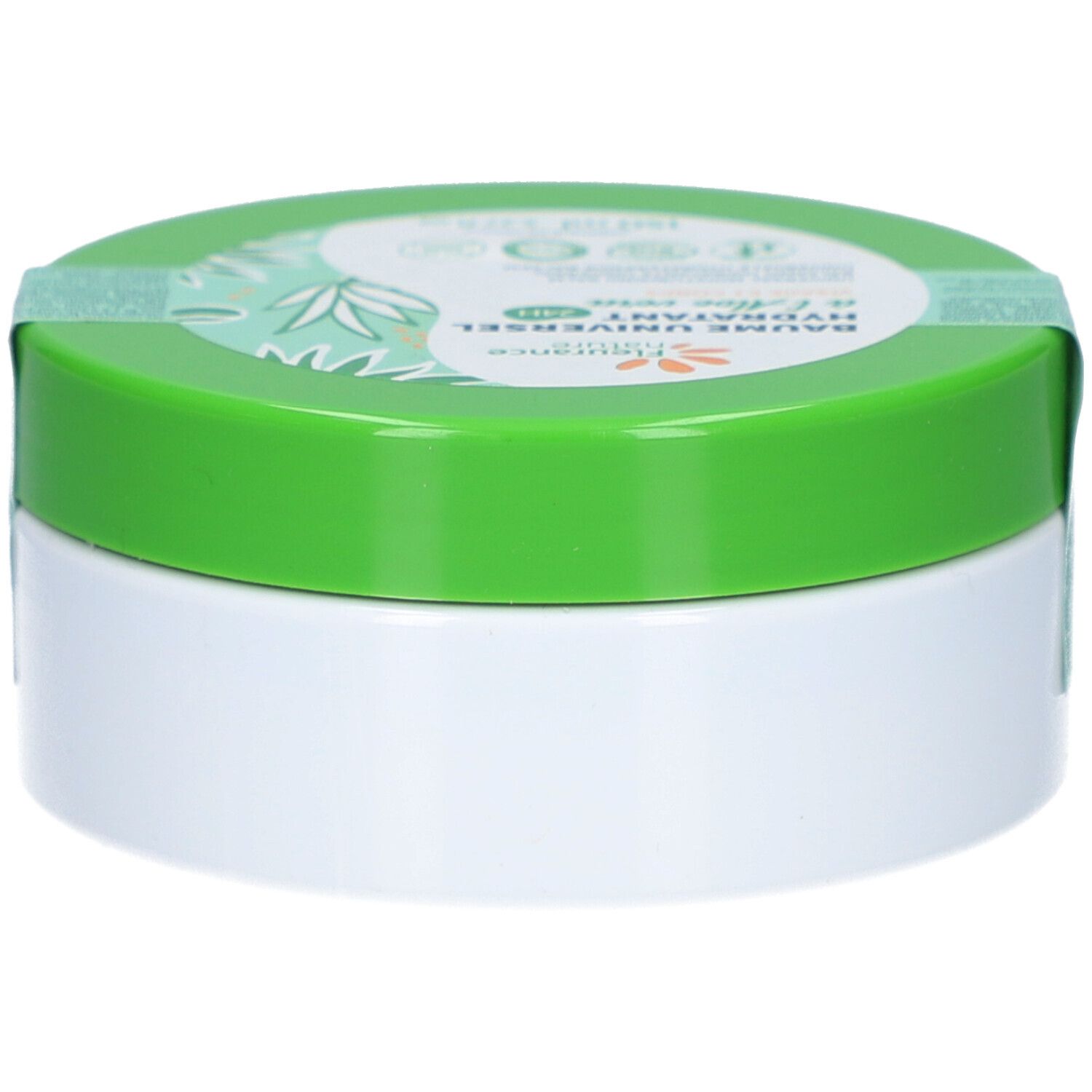 Pot rond blanc avec couvercle vert. Inscriptions sur le couvercle et bande verte.