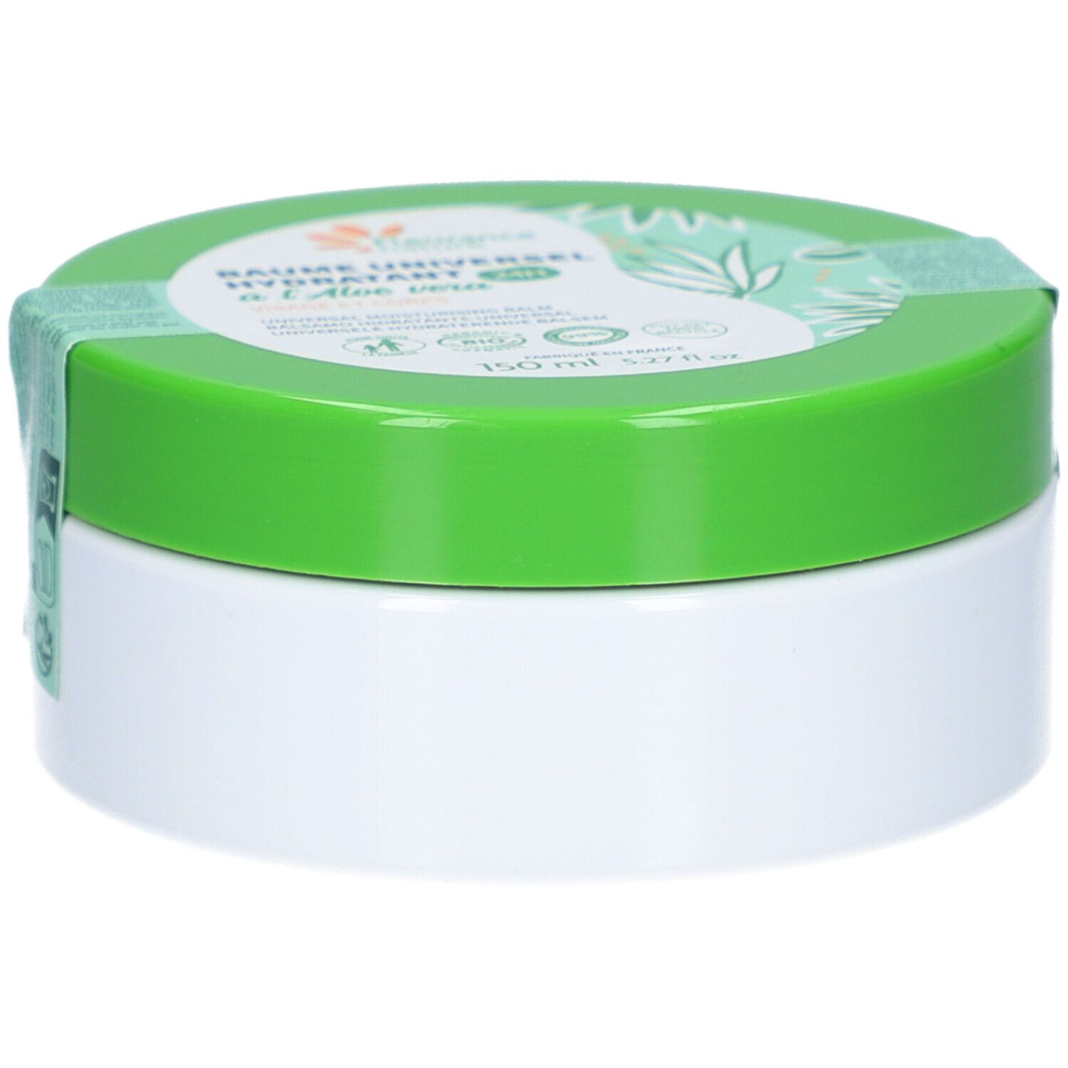 Pot blanc avec couvercle vert. Inscriptions sur le couvercle et bande verte.