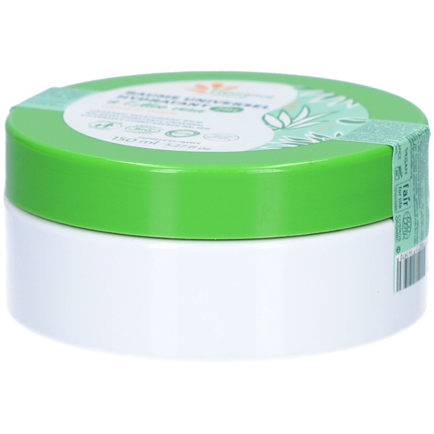 Pot blanc avec couvercle vert. Inscriptions sur le couvercle et bande verte.