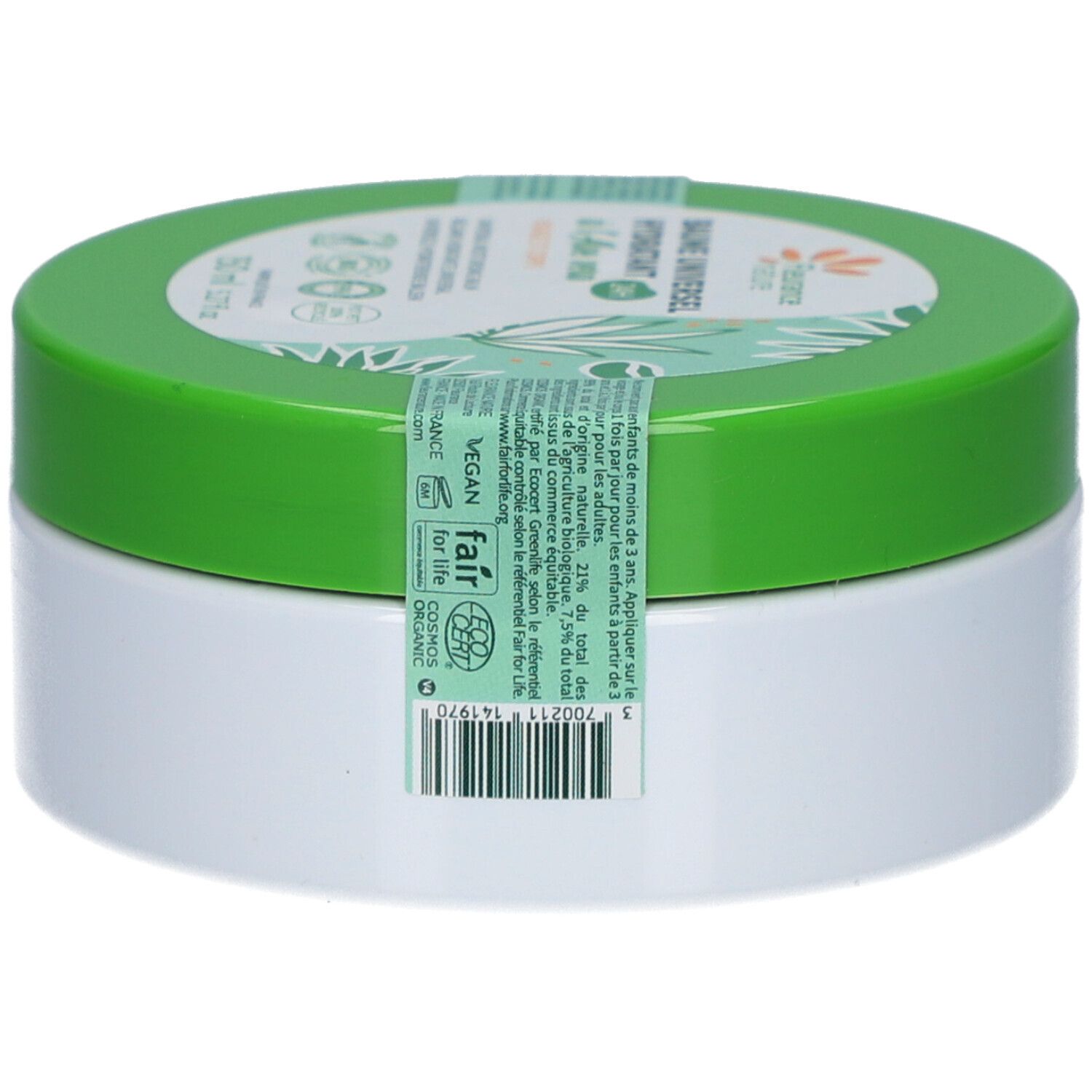 Pot blanc avec couvercle vert. Inscriptions sur le couvercle et bande verte avec code-barres.