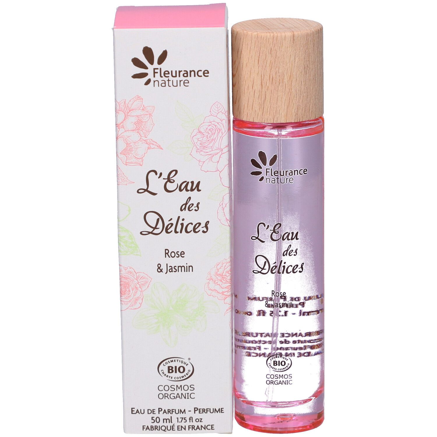 Flacon de parfum avec bouchon en bois et emballage. Inscription : L'Eau des Délices, Rose & Jasmin. Certification bio.