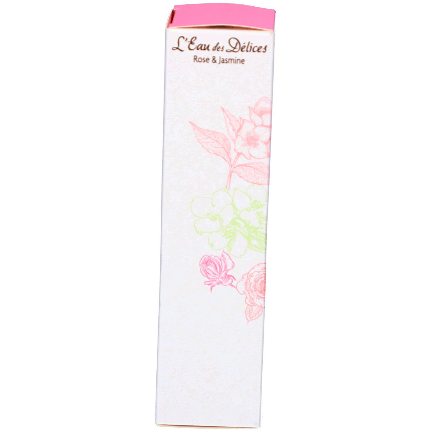 Emballage blanc étroit avec motif floral et inscription : L'Eau des Délices, Rose & Jasmine.