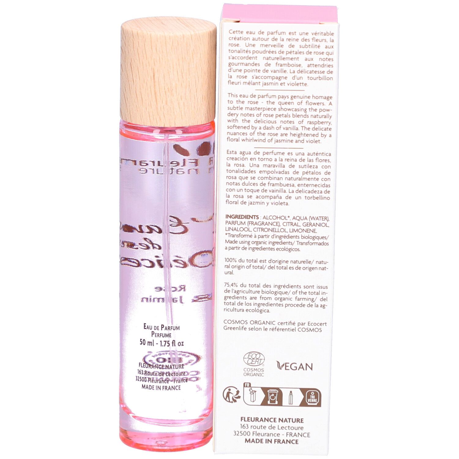 Flacon de parfum avec texte. Inscription : L'Eau des Délices, Rose & Jasmin. Certification bio. Ingrédients et informations fabricant.