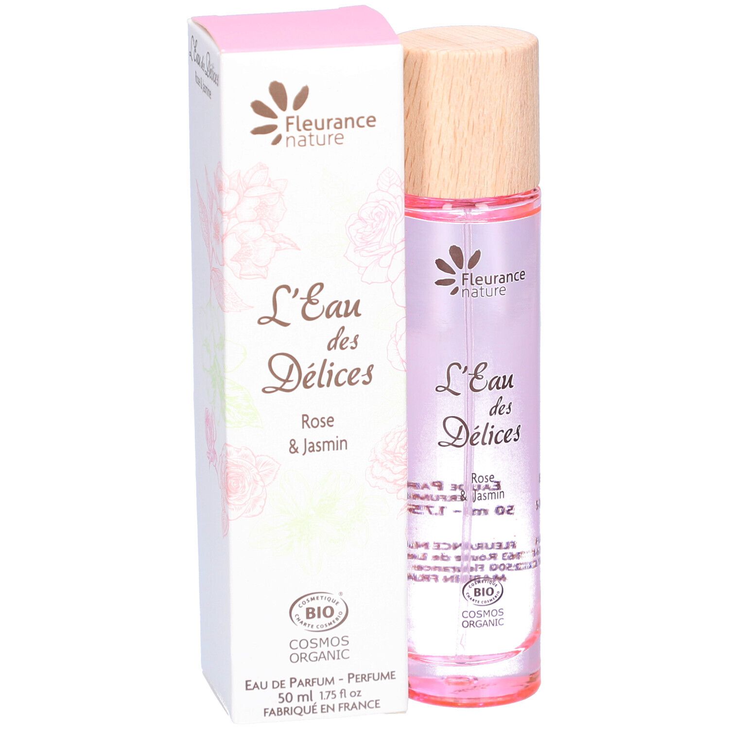 Flacon de parfum et emballage. Inscription : L'Eau des Délices, Rose & Jasmin. Certification bio.