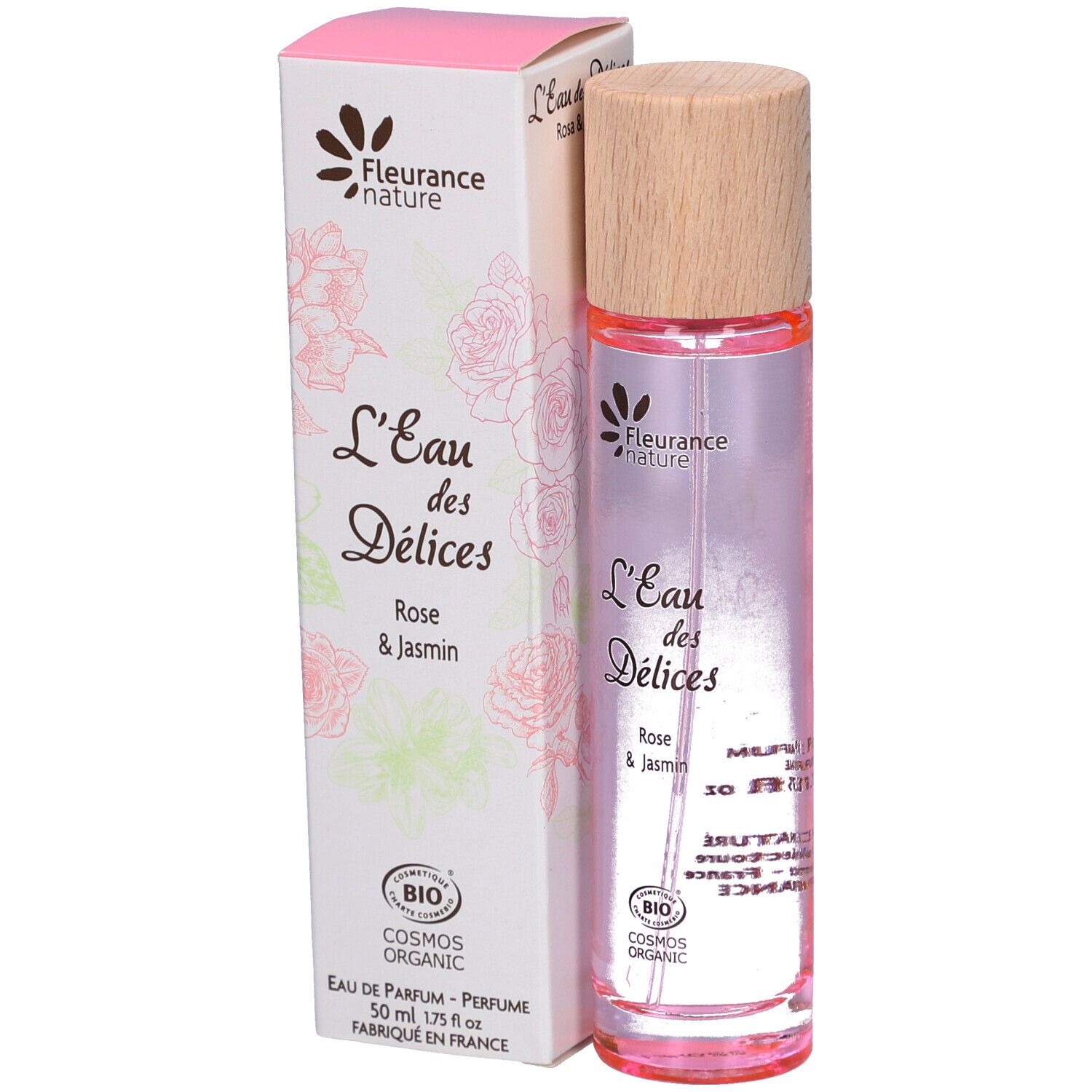 Flacon de parfum et emballage. Inscription : L'Eau des Délices, Rose & Jasmin. Certification bio.
