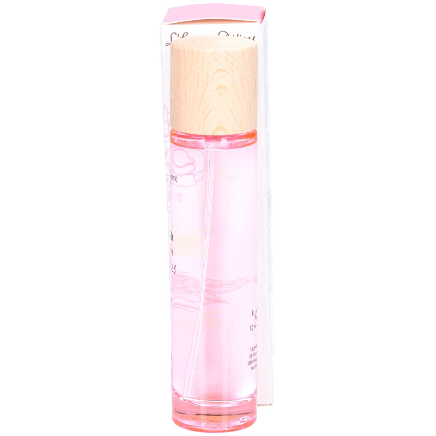 Flacon de parfum avec bouchon en bois et emballage. Inscription : L'Eau des Délices. Certification bio.