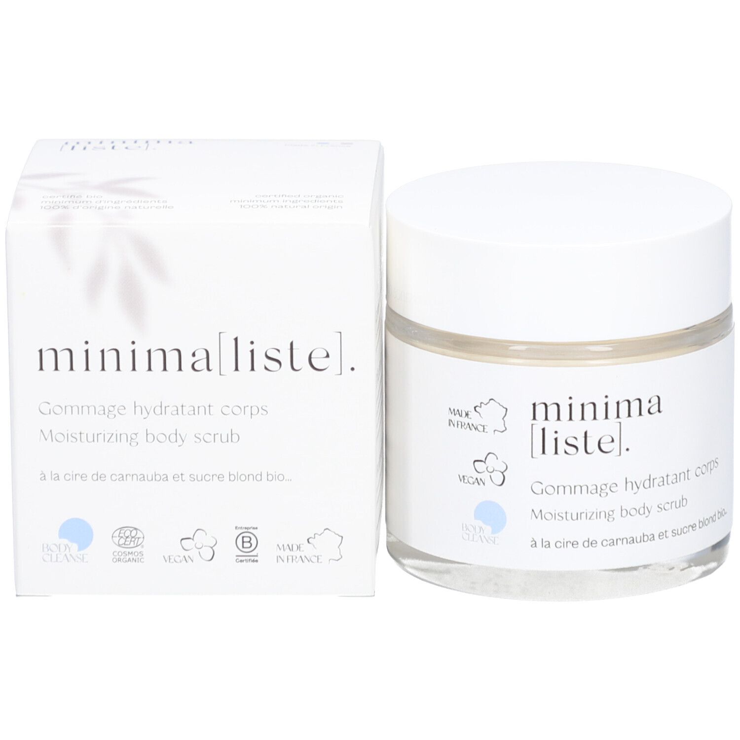 Produit et emballage. Pot en verre avec couvercle blanc et boîte. Nom du produit: Gommage hydratant corps.