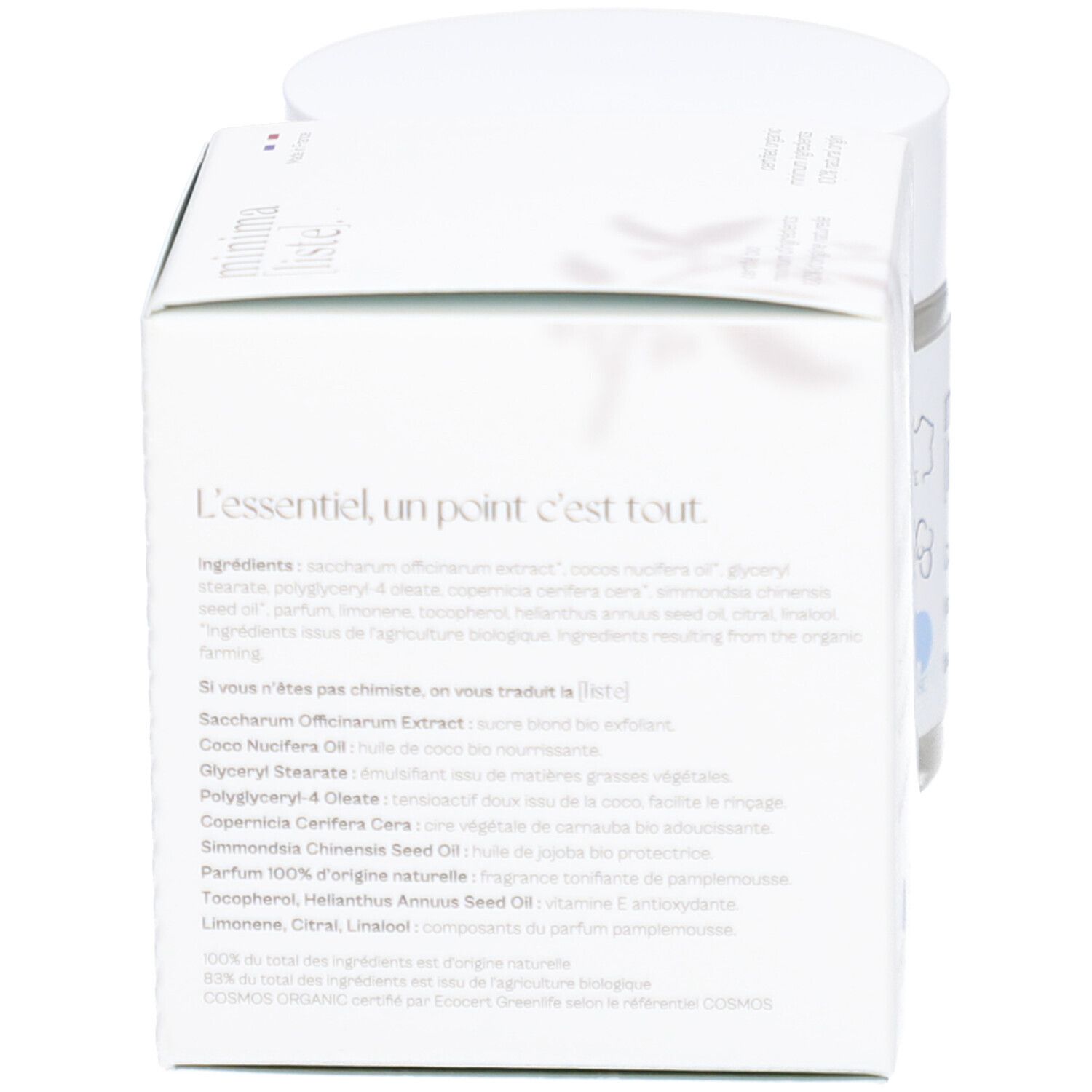 Produit et emballage. Dos de l'emballage avec texte. Nom du produit: Gommage hydratant corps.