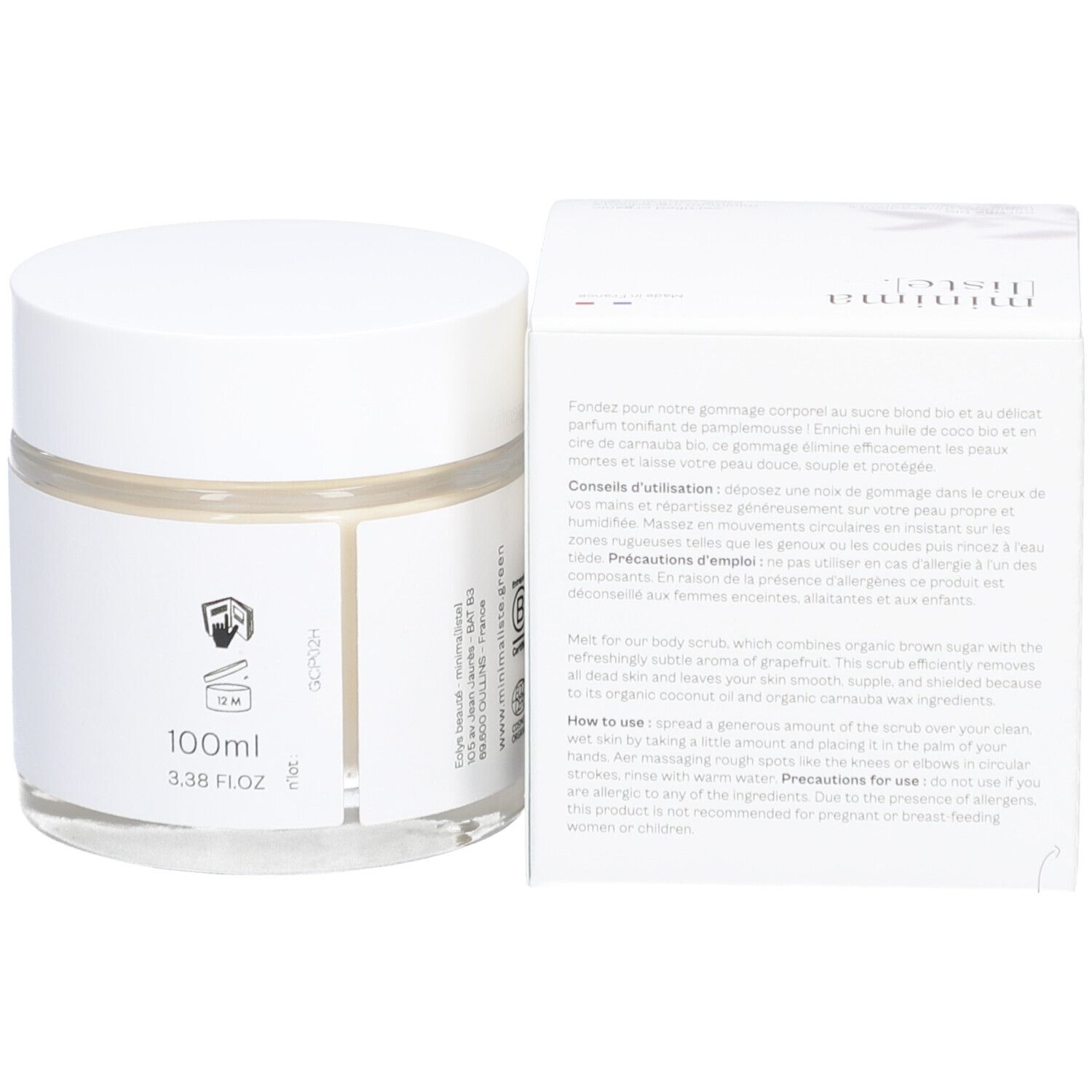 Produit et emballage. Produit avec texte et emballage. Nom du produit: Gommage hydratant corps.