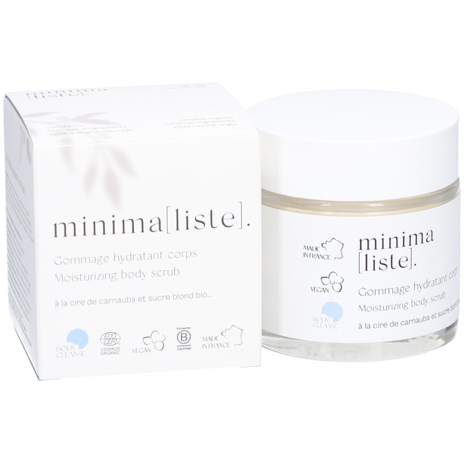 Produit et emballage. Produit avec texte et emballage. Nom du produit: Gommage hydratant corps.