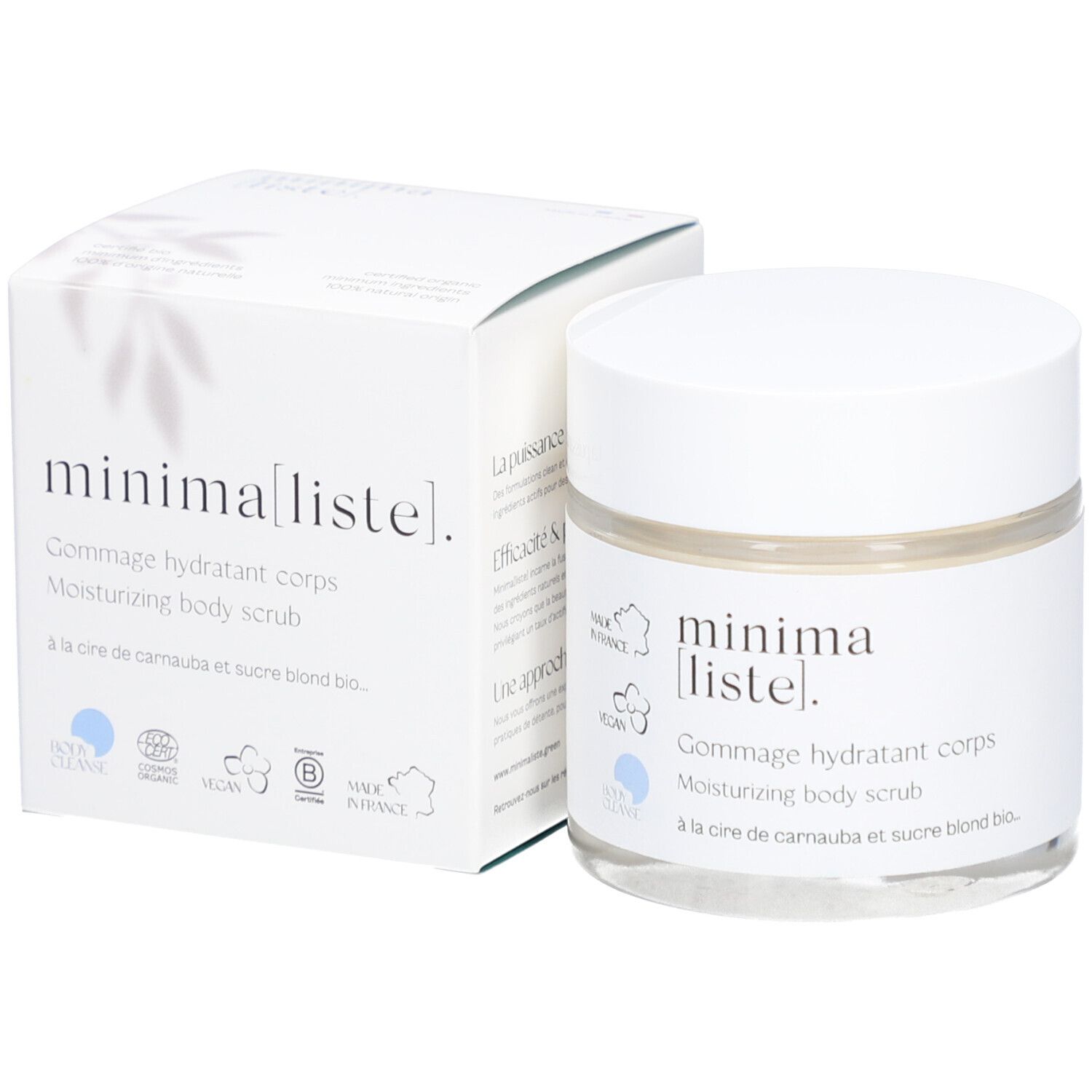 Produit et emballage. Produit avec texte et emballage. Nom du produit: Gommage hydratant corps.