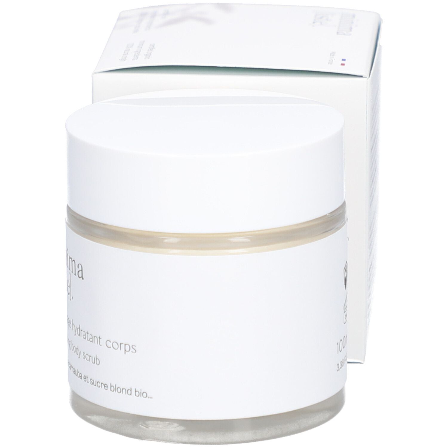 Produit et emballage. Produit avec texte et emballage. Nom du produit: Gommage hydratant corps.