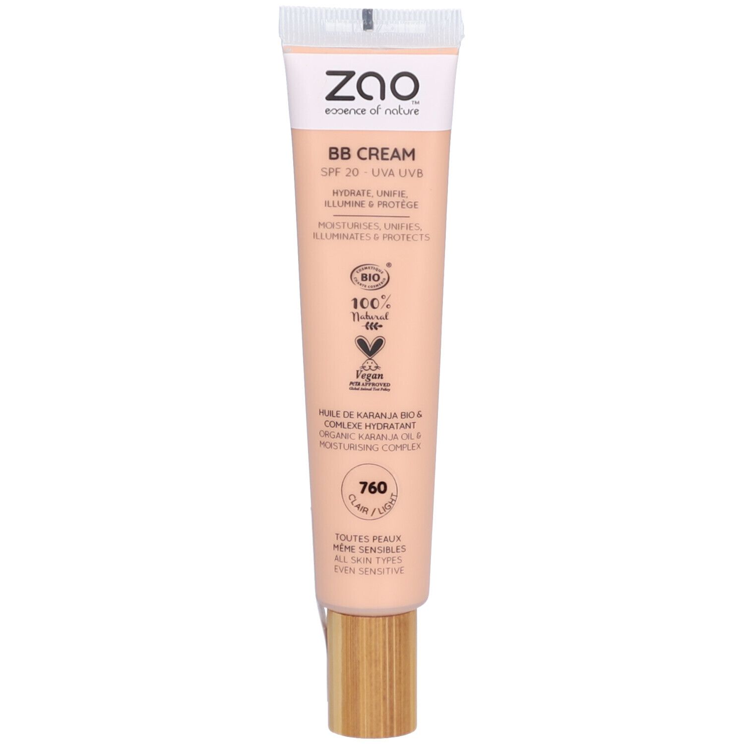 Tube de BB CREAM Zao. Teinte Clair/Fluid. Bouchon en bois. Inscription: SPF 20, Bio, Vegan. Texture crème.