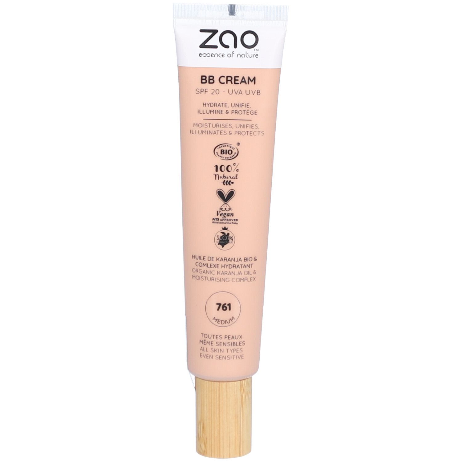 Tube de Zao BB Crème. Tube beige avec bouchon blanc. Texte: BB Cream, SPF 20, 100% naturel, vegan.