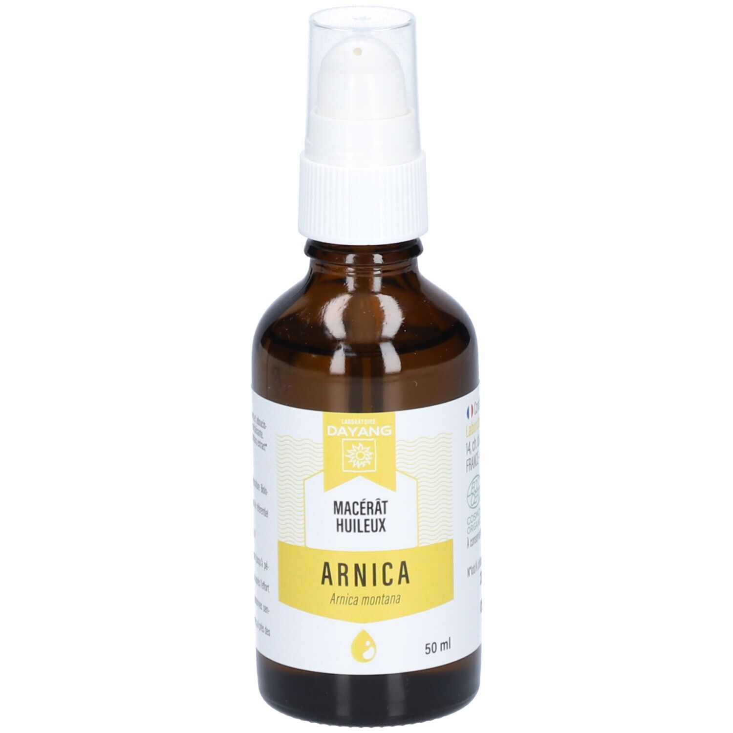 Flacon en verre brun avec pompe blanche. L'étiquette indique "ARNICA" et "Macerat Huileux".