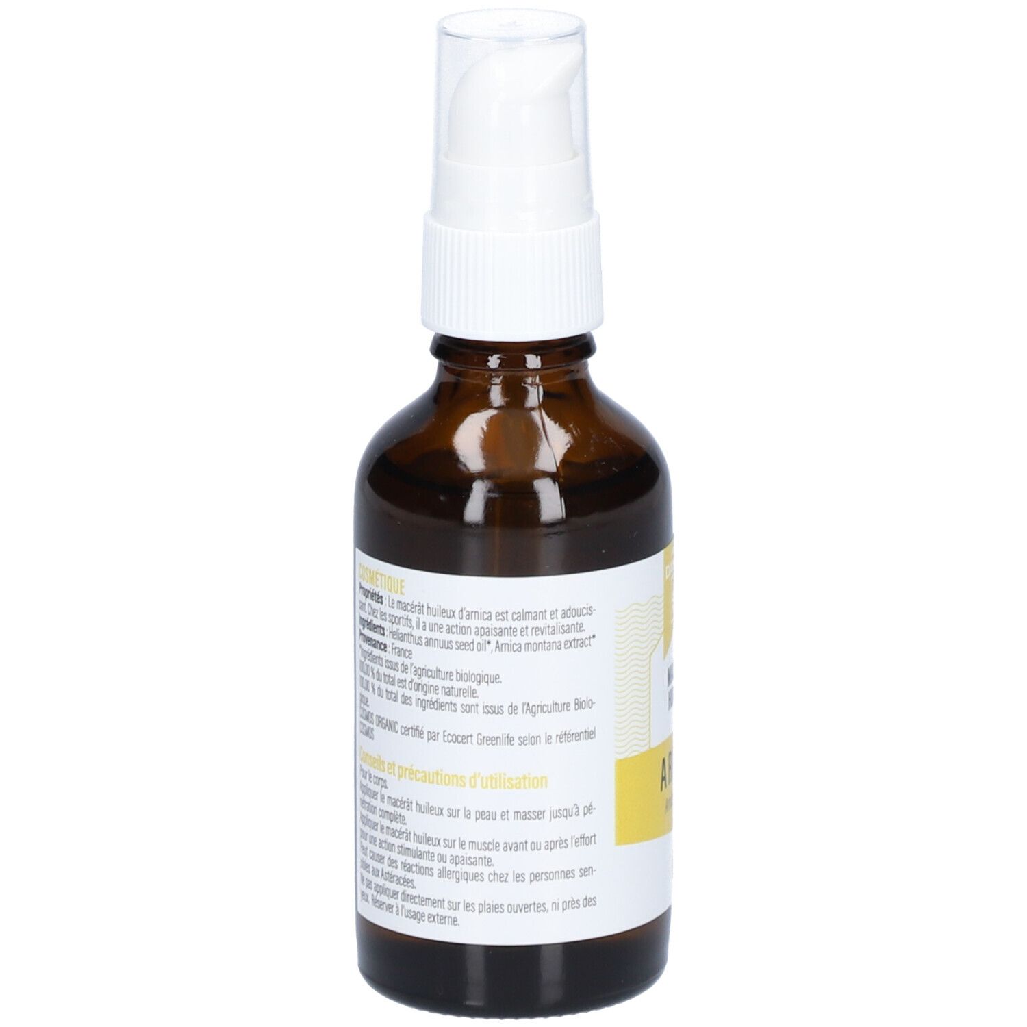 Vue arrière du flacon en verre brun avec pompe blanche. Étiquette avec texte, dont "ARNICA" et ingrédients.