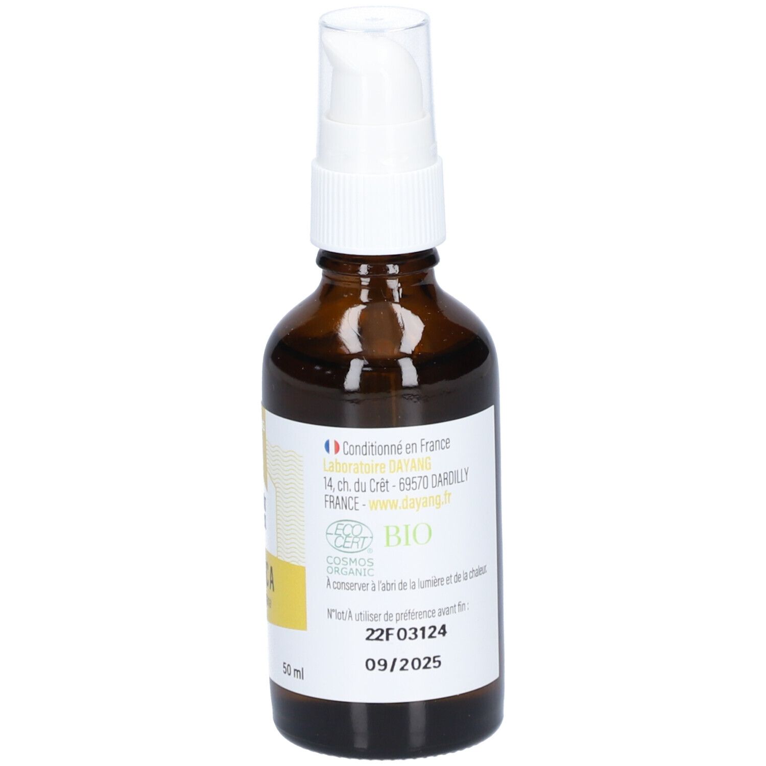 Flacon en verre brun avec pompe blanche. Étiquette avec texte, dont "ARNICA", certification bio et date de péremption.