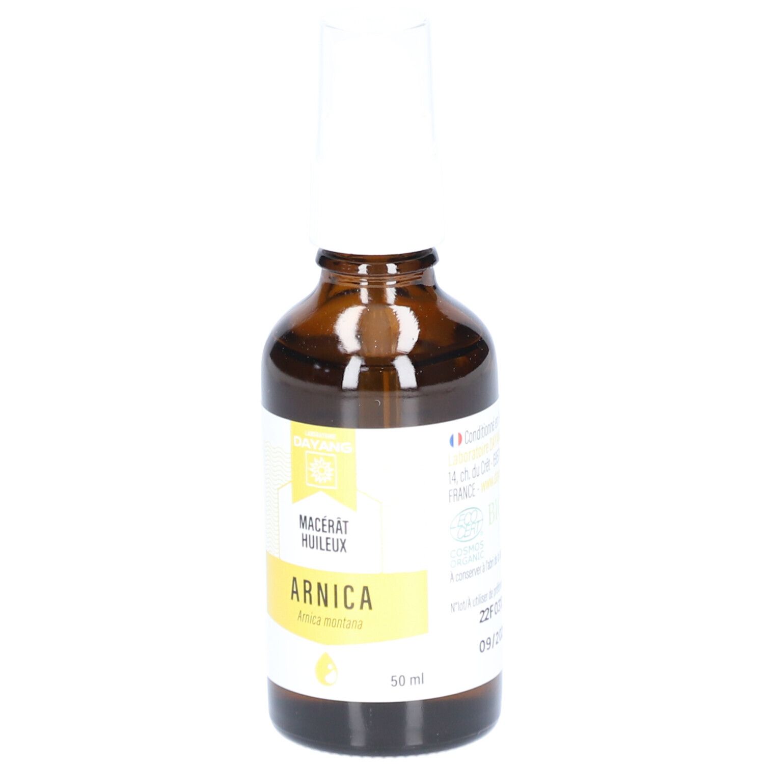Flacon en verre brun avec pompe blanche. Étiquette avec texte, dont "ARNICA" et certification bio.