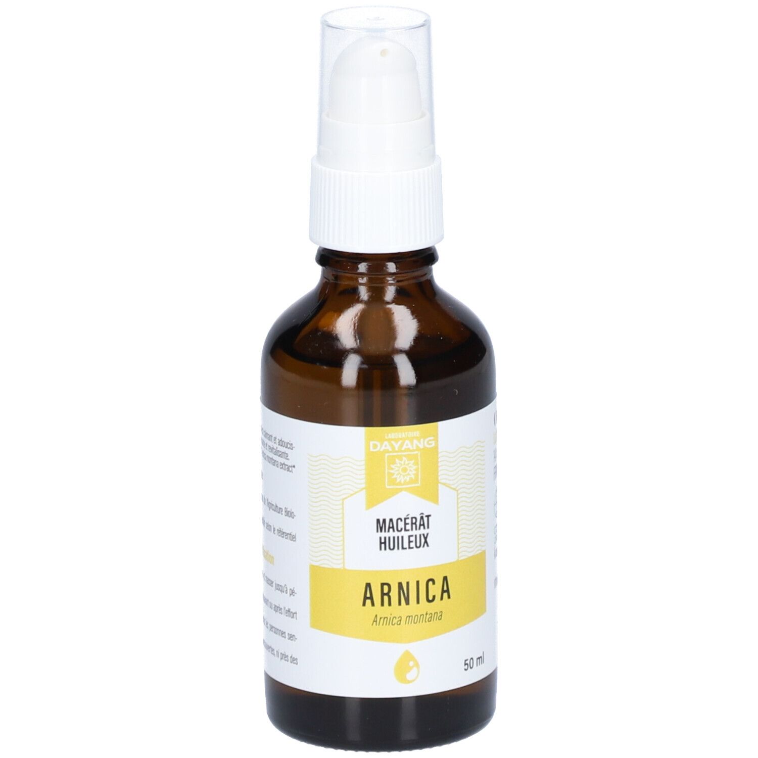 Flacon en verre brun avec pompe blanche. Étiquette avec texte, dont "ARNICA" et logo.