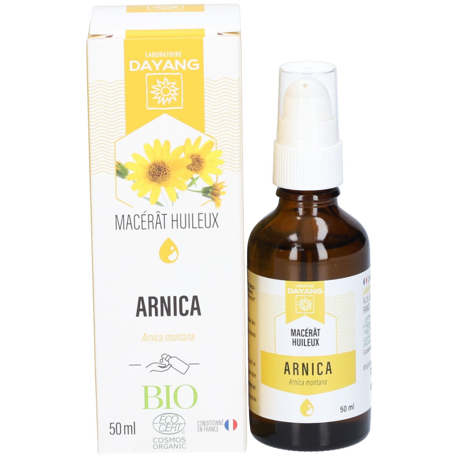 Flacon en verre brun avec pompe blanche et emballage en carton. L'emballage indique "ARNICA" et des logos.