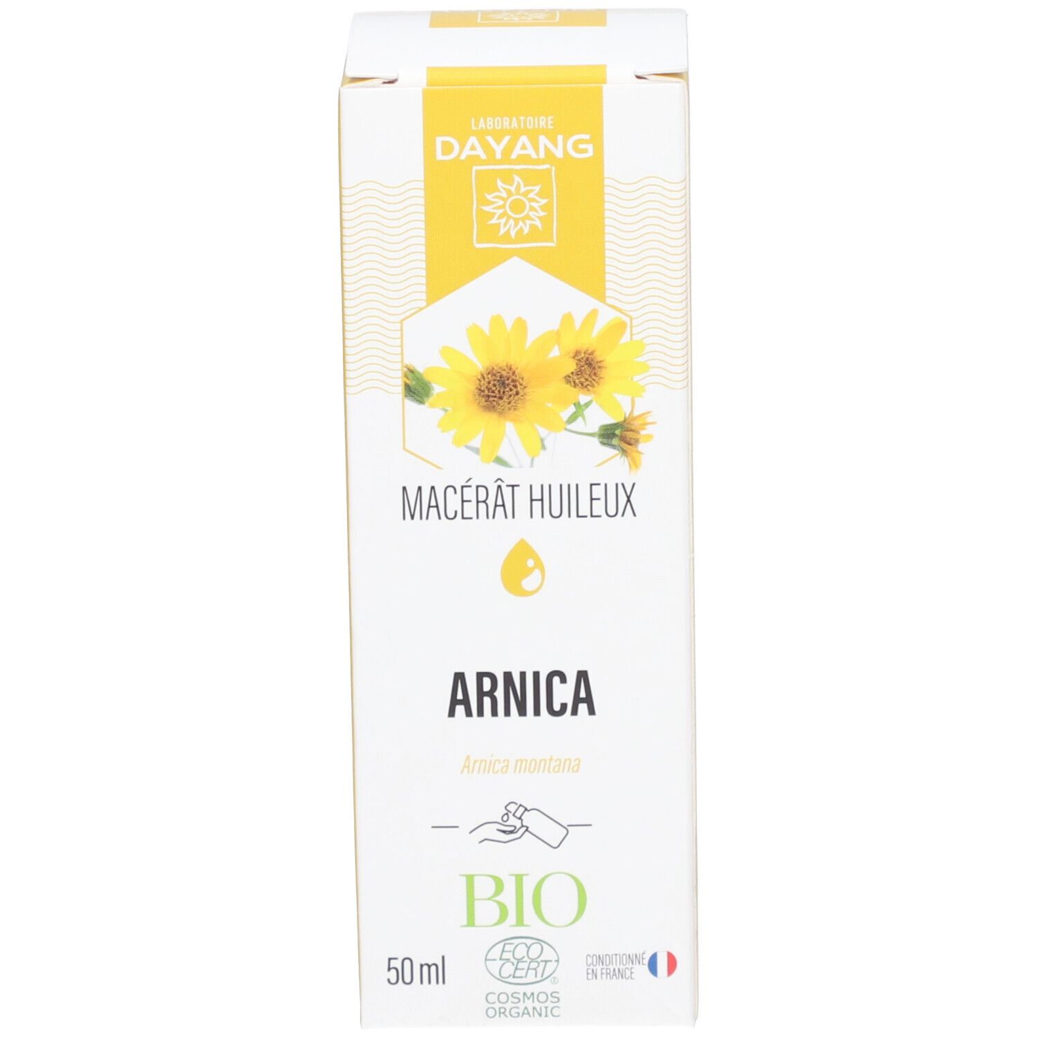 Emballage en carton avec texte et logos. L'emballage indique "ARNICA" et une illustration de tournesols.