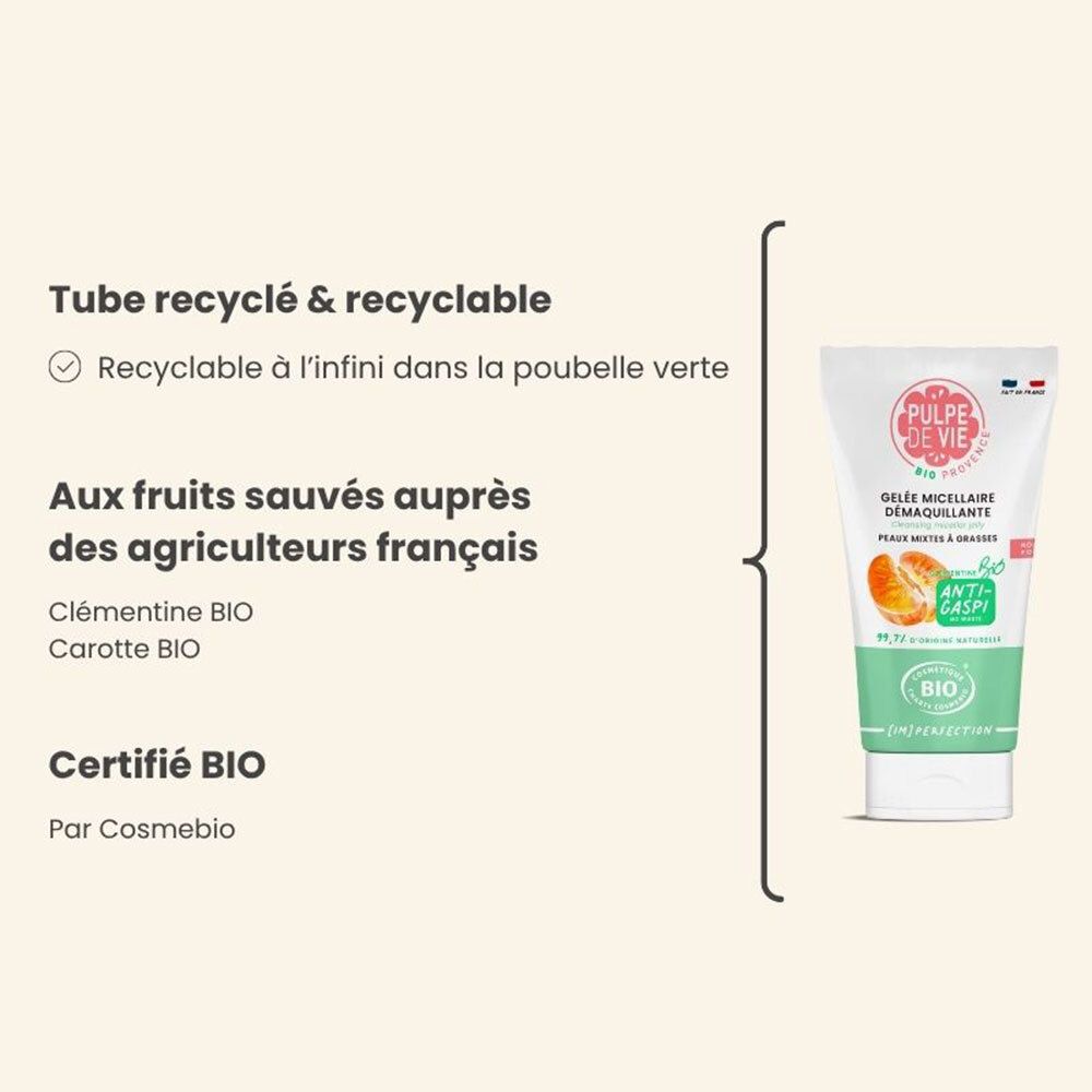 Tube de produit et texte. Texte: Tube recyclé & recyclable. Aux fruits sauvés. Certifié BIO par Cosmebio.