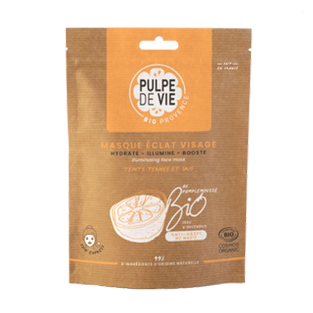 Masque éclat visage PULPE DE VIE en sachet marron et jaune. Inscription : Masque éclat visage, Bio Provence, Cosmos Organic.