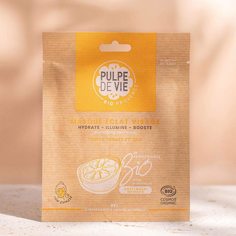 Masque éclat visage PULPE DE VIE en sachet marron et jaune. Inscription : Masque éclat visage, Bio Provence, Cosmos Organic.