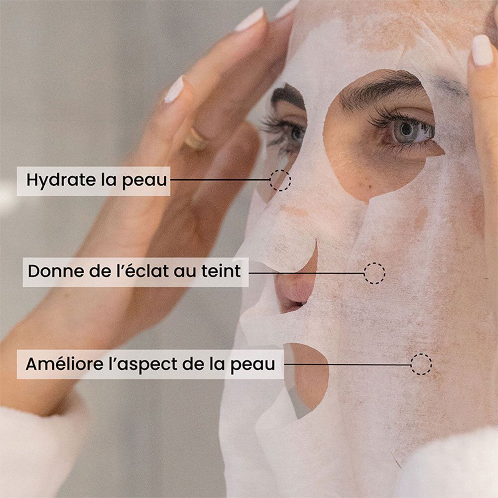 Masque facial appliqué sur le visage. Flèches pointant vers la peau avec texte : Hydrate la peau, Donne de l'éclat au teint, Améliore l'aspect de la peau.