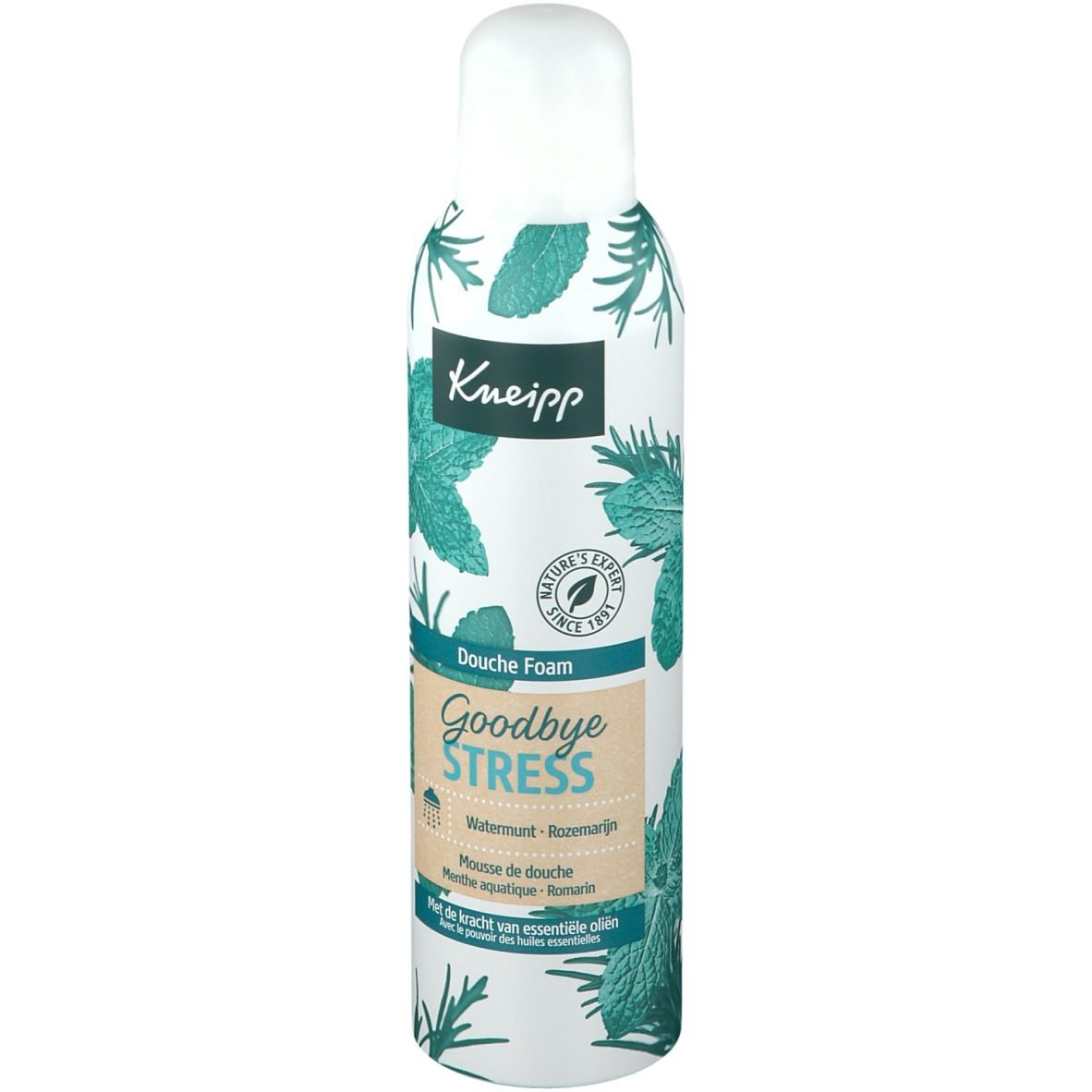 Flacon de mousse de douche Kneipp. Motif d'herbes et inscription "Goodbye Stress".