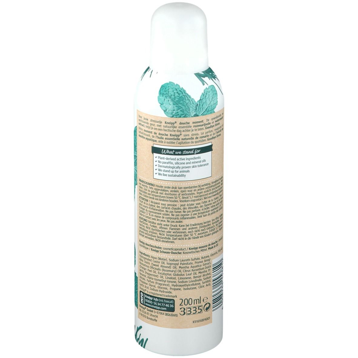 Dos du flacon de mousse de douche Kneipp. Informations, ingrédients et logo. 200ml.