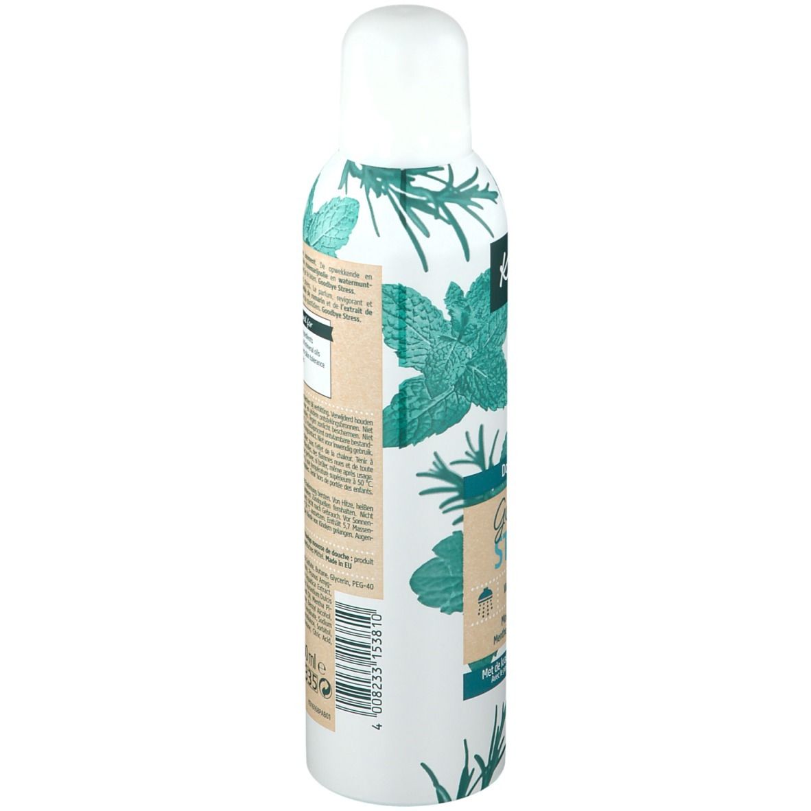 Flacon de mousse de douche Kneipp. Motif d'herbes et inscription "Goodbye Stress".
