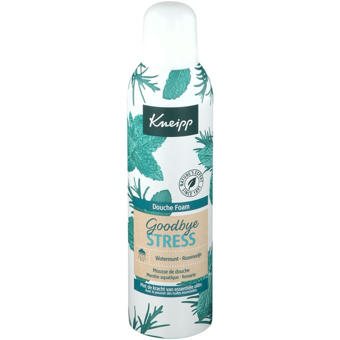 Flacon de mousse de douche Kneipp. Motif d'herbes vertes et blanches. Inscription "Goodbye Stress".