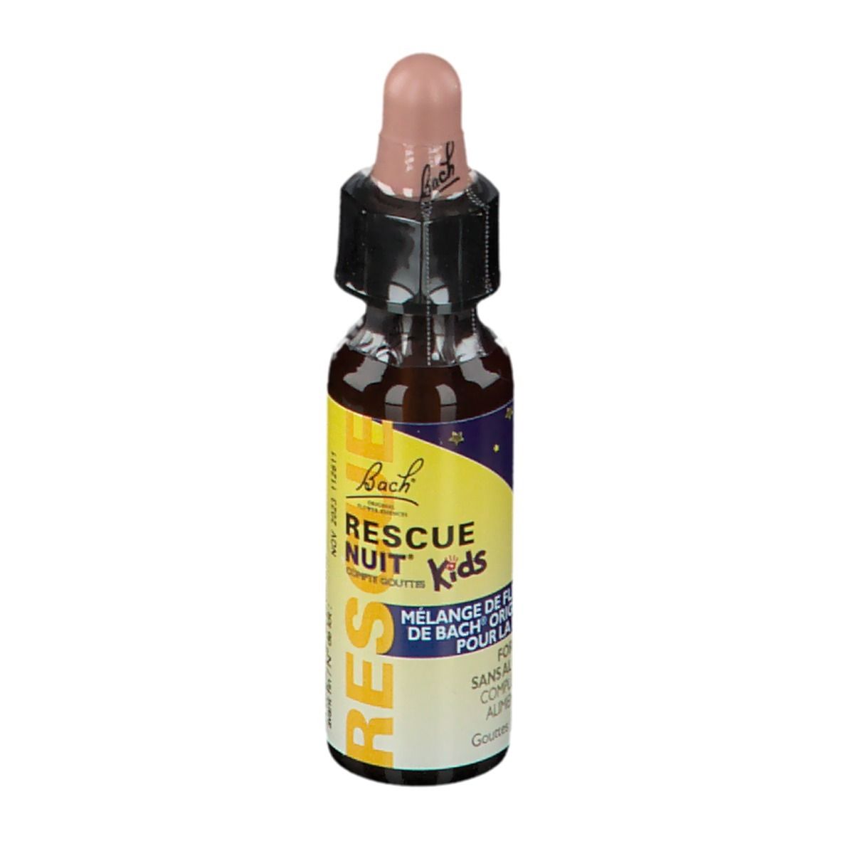 Flacon Bach RESCUE NUIT Kids. Liquide brun. Compte-gouttes rose. Texte.