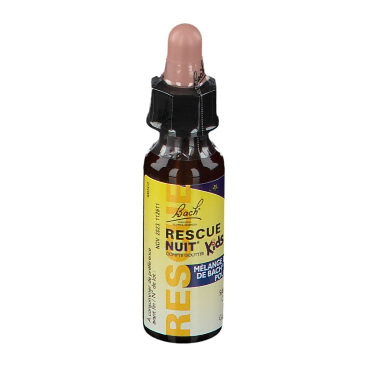 Flacon Bach RESCUE NUIT Kids. Liquide brun. Compte-gouttes rose. Texte. Date de péremption.
