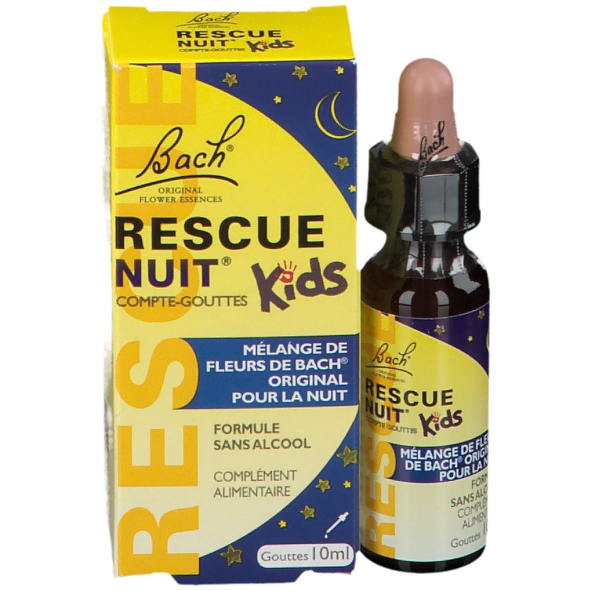 Flacon et boîte Bach RESCUE NUIT Kids. Jaune, bleu, texte. 10ml.