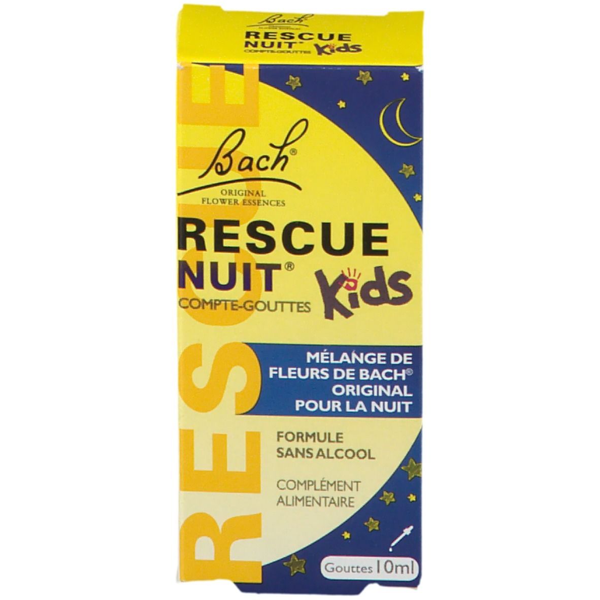 Boîte Bach RESCUE NUIT Kids. Jaune, bleu, texte. 10ml.