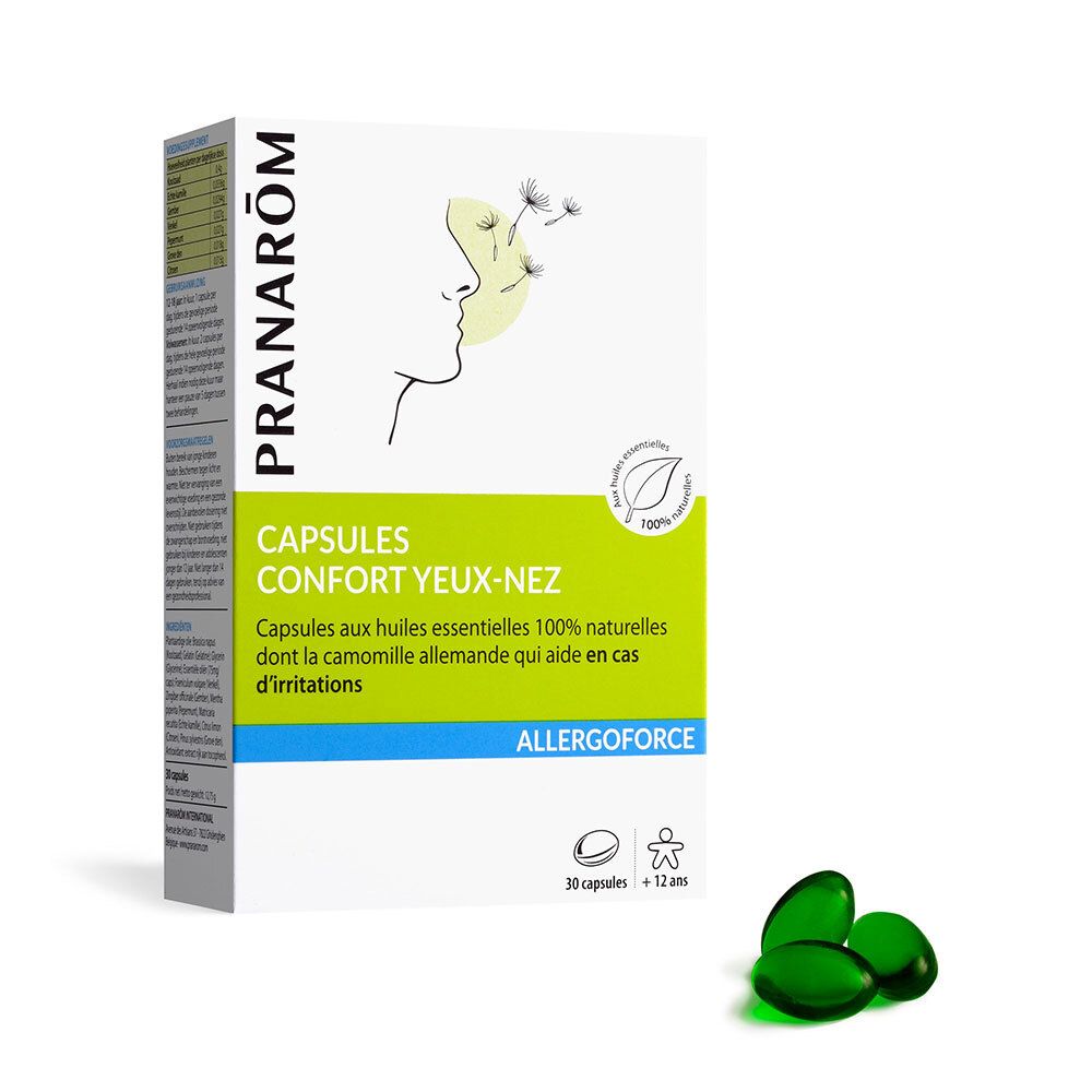 Boîte de capsules PRANAROM Allergoforce Confort Yeux-Nez. Capsules vertes. 30 capsules.