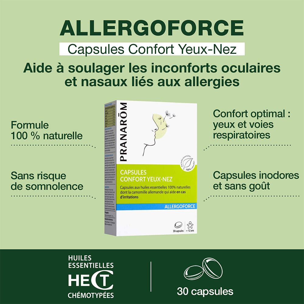 Panneau publicitaire Allergoforce Capsules Confort Yeux-Nez. 30 capsules. Formule 100% naturelle. Sans somnolence.