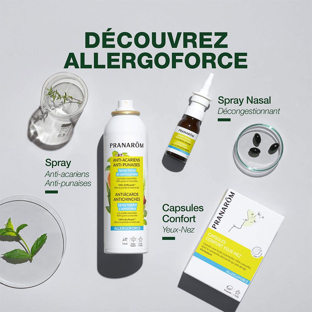 Différents produits Allergoforce : spray, spray nasal et capsules Confort Yeux-Nez.