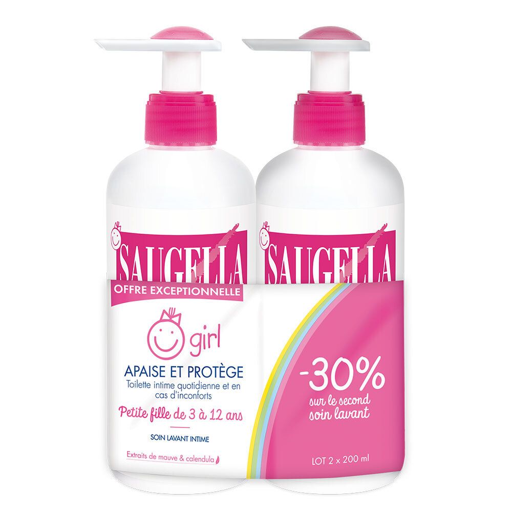 Saugella - Girl - Soin lavant intime féminin - à base d’extraits de Malva sylvestris et de Calendula officinalis - à partir de 3 ans - Flacons Pompe Lot 2x200 ml