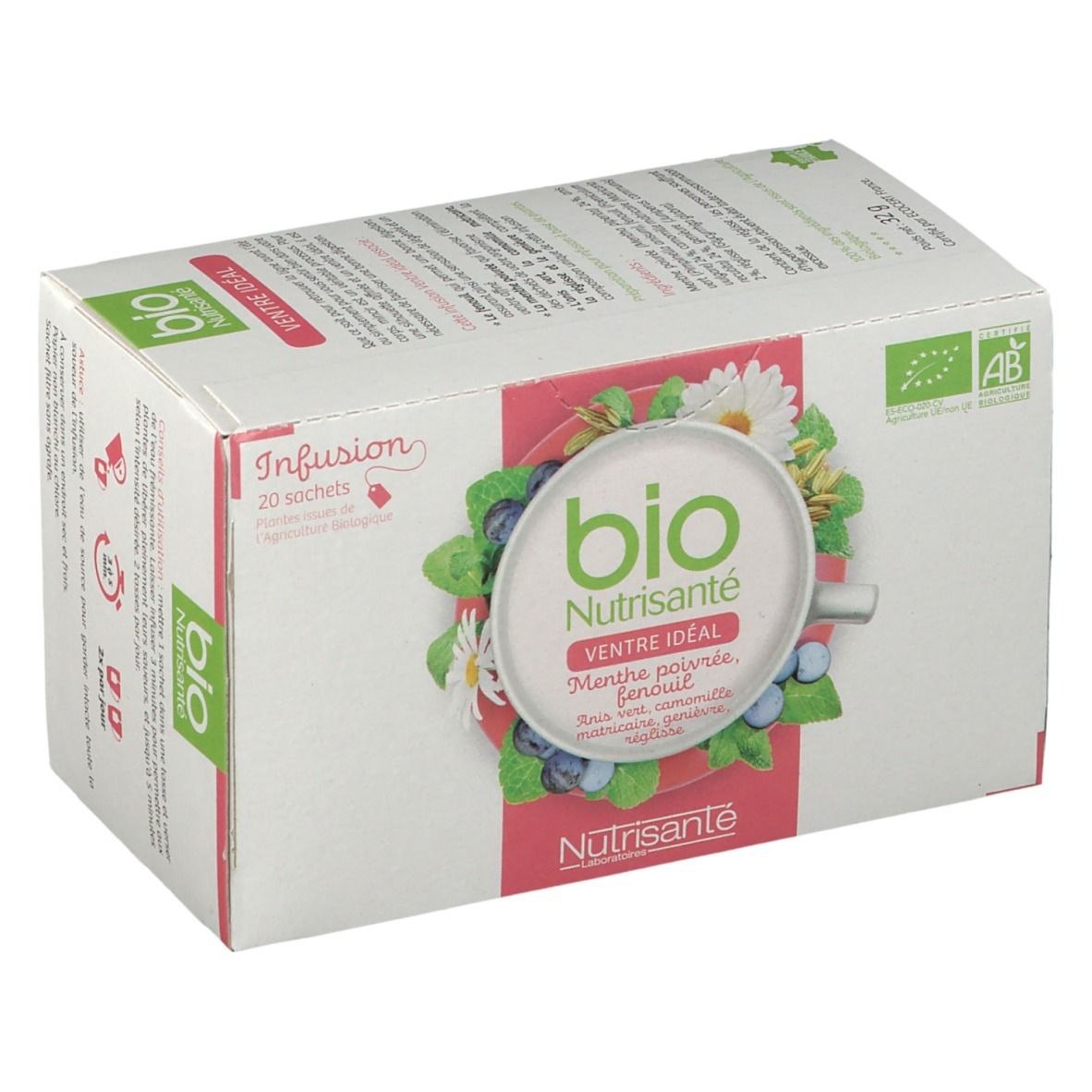 Boîte blanche avec inscription "bio Nutrisanté Ventre idéal" et 20 sachets. Label AB bio.