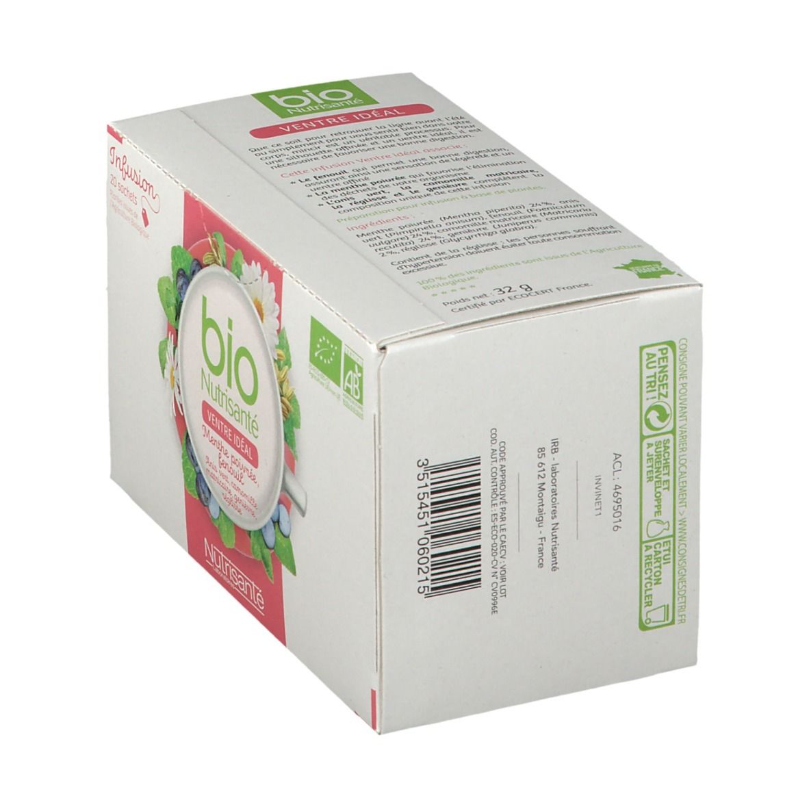 Boîte blanche en biais. "bio Nutrisanté Ventre idéal". Code-barres et label AB bio.