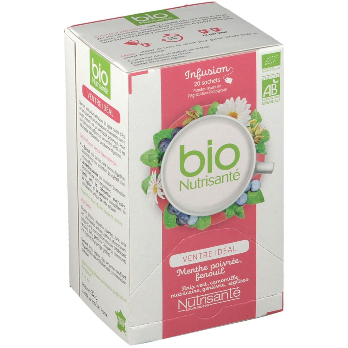 Boîte blanche avec inscription "bio Nutrisanté Ventre idéal" et 20 sachets. Label AB bio.
